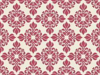 Fototapeta premium Elegant seamless damask pattern with luxury burgundy red floral medallions and vintage baroque ornaments on a light cream background, perfect for classic wallpaper, fabric textile, interior decor.