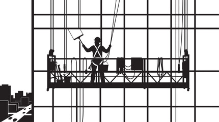 Window washers on suspended platform black and white silhouette © Md