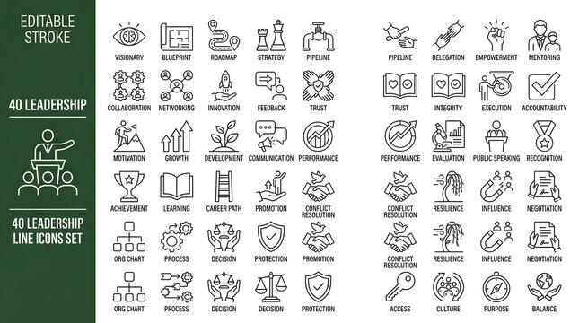 Leadership Icon Set: A comprehensive collection of 40 line icons representing key leadership principles and concepts, ideal for business and professional development materials.