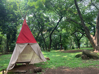 Tipi in the forest copy space © kristinekaren