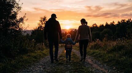 Fototapeta premium Silhouette of parents holding child hands walking at sunset, Concept of family, togetherness, love, and happy lifestyle made by AI generative