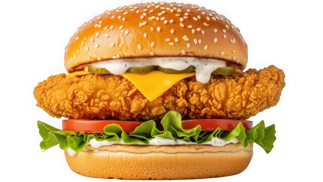 Crispy chicken sandwich with lettuce, tomato, cheese, and pickles isolated on transparent background