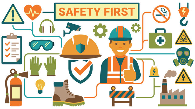 Professional safety equipment icons set showing construction worker gear.