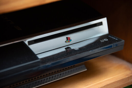 North Haven, South Australia - July 5 2026: Playstation gaming console with a disc drive slot and power buttons in a close-up indoor view