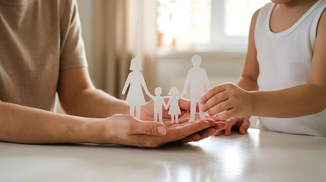 Mother and child holding paper family cutout chain concept of protection
