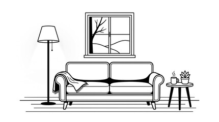 Fototapeta premium Minimalist Living Room Interior with Sofa and Floor Lamp in Natural Light