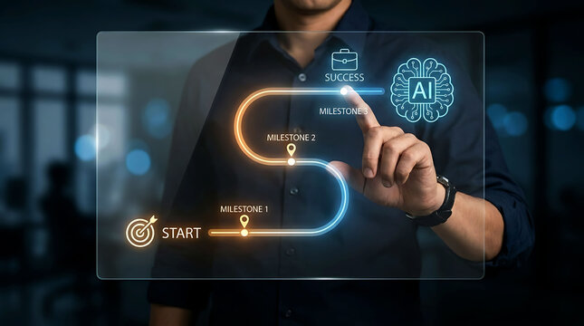 Businessman pointing at AI roadmap with milestones towards success goal