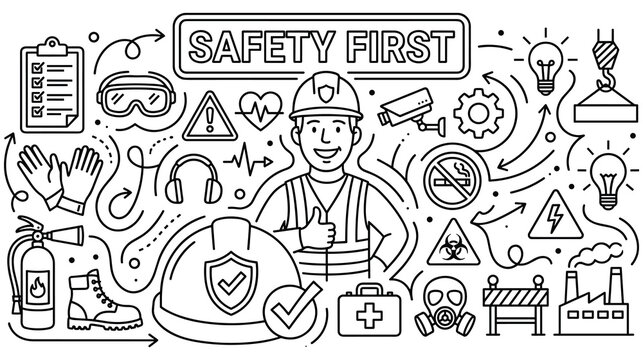 Safety first concept with construction worker and industrial work gear icons.