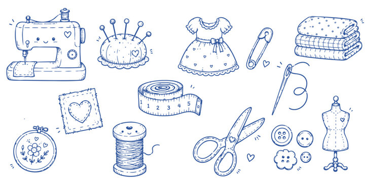 Sewing and tailoring doodle collection. Cute hand drawn craft elements. Sewing machine, spool of thread, needle, scissors, measuring tape, mannequin, buttons, embroidery hoop, dress. Kids vector set