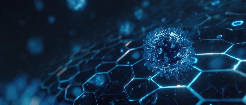 A microscopic virus with spiky protrusions on a luminous hexagonal matrix