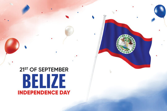 Belize Independence Day. Belize Flag Waving With Floating Balloons On Watercolor Grunge Backgorund Design Vector Illustration.