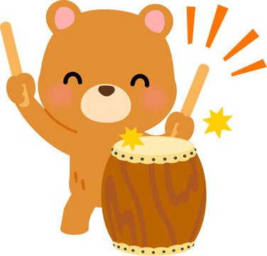 地面に立てた和太鼓を叩くクマのキャラクター