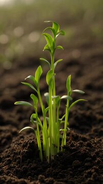 Young green seedlings growing in rich dark soil natural plant growth and gardening process