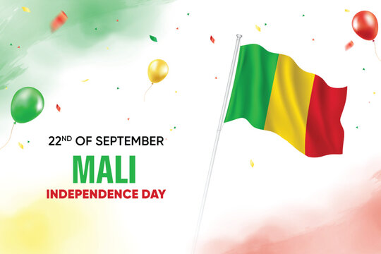 Mali Independence Day. Mali Flag Waving With Floating Balloons On Watercolor Grunge Backgorund Design Vector Illustration.
