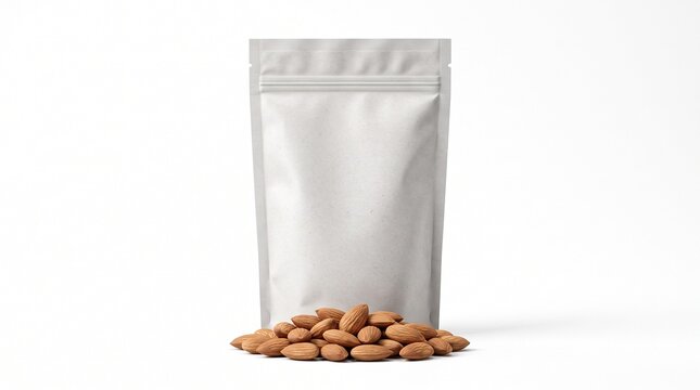A clean white stand-up pouch mockup with a zipper seal positioned behind a small pile of raw, whole almonds on a white background