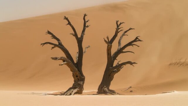 Surreal Landscape of Dead Trees in Deadvlei, Namibia, with Orange Sand Dunes and Blowing Sand