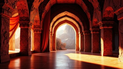 Fototapeta premium Grand hall features ornate arches, warm lighting. Stone pillars support ceiling, revealing distant mountains. Dramatic shadows, rich textures present.