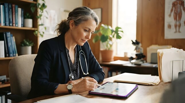 Mature female physician reviewing digital health records and analytical charts on a tablet while sitting at her desk in a medical office.