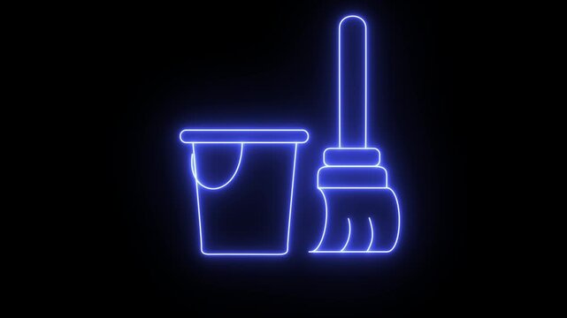 A glowing blue neon line icon of a mop and bucket on a black background.