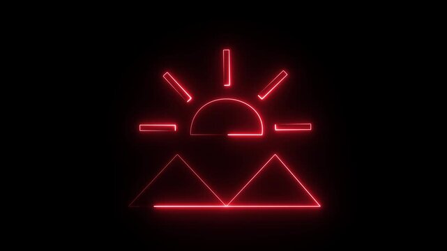 A neon red line art graphic displaying a mountain range and a sunrise, similar to stock icons for galleries or arid landscapes.