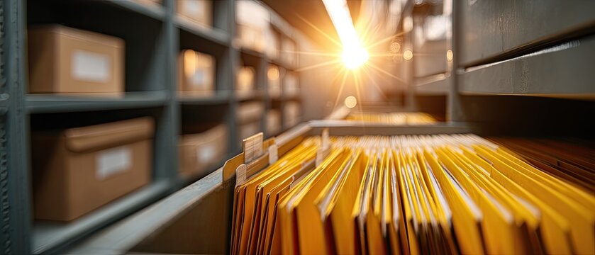 Rows of golden files illuminated by a sunburst in a vintage archive