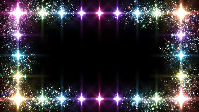colorful sparkling frame with glowing stars and glitter effect creating a vibrant digital border for festive party design.