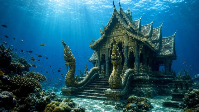 Lanna Temple Underwater Gold Nagas Tiered Roof Tropical Fish Coral Blue Light Caustic Patterns Documentary Photography Style No Distortion