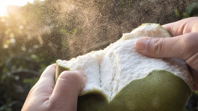 Hand peeling Chiang Mai pomelo backlit citrus mist hyper-realistic fruit photography