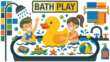 Fototapeta premium Children playing with rubber duck in bathtub with soap suds and toys.