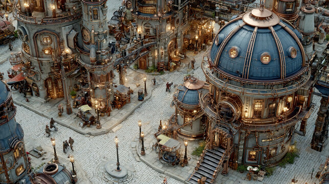 Design AI engines for isometric steampunk cities generating gears pipes airships and interactive streets dynamically for VR cinematic media or game worlds