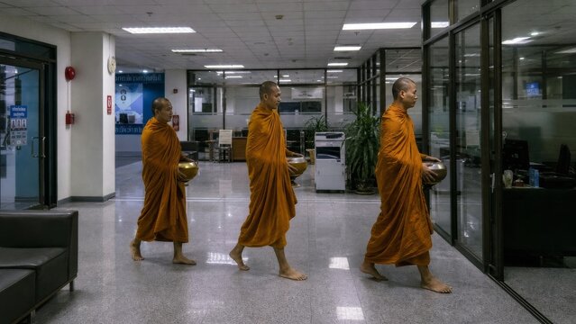 Buddhist Monks in Saffron Robes Walk Through Modern Glass Office in Chiang Mai with Alms Bowls Under Fluorescent Lights a Surreal Documentary Photograph