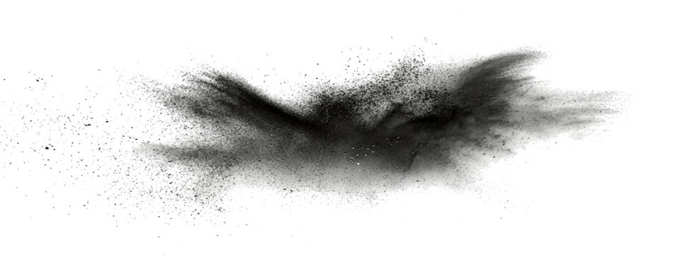 Abstract dynamic cloud black powder explosion isolated white background, capturing explosive energy particulate matter.