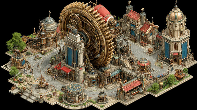 Design AI engines for isometric steampunk cities generating gears pipes airships and interactive streets dynamically for VR cinematic media or game worlds