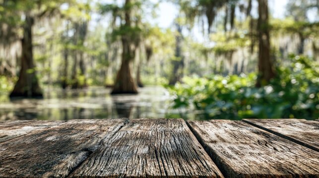 Rustic wooden table foreground with blurred swamp landscape backdrop