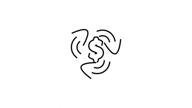 Minimalist outline animation of circular rotation arrow dollar recycling icon drawing on and fading out. Features a clean pop up style in 3 color setups.
