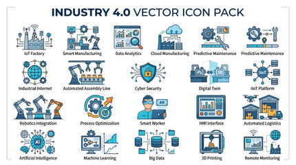 Fototapeta premium A collection of various industry icons depicting factory automation and robotics.