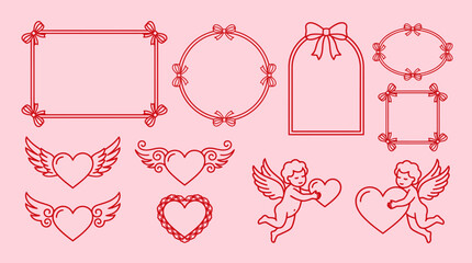 Fototapeta premium Valentine's Day pink outline clipart set with decorative frames, tags, hearts, and cherubs for romantic designs