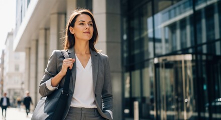 Fototapeta premium Confident woman walking outside office building with briefcase. Professional woman dressed in tailored suit walks past glass facade, showcasing modern corporate environment.