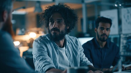 Obraz premium Young startup founders developing future technology, artificial intelligence devices, futuristic workspace, creative entrepreneurs, modern technology concept
