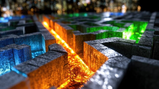 Labyrinth of glowing pathways, city lights in soft focus background