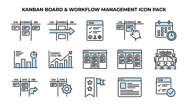 Workflow management icons showcase various business productivity tools and software