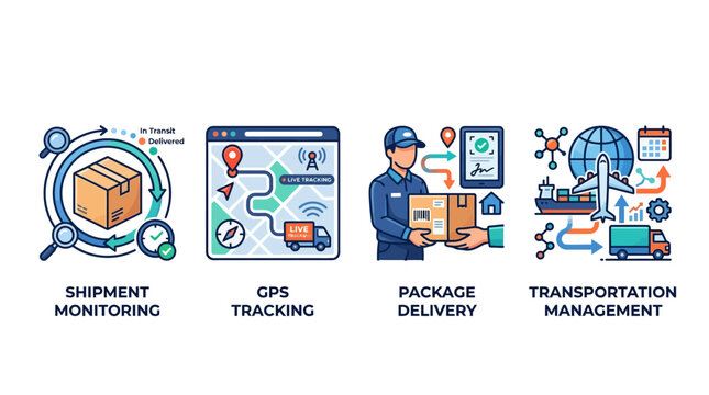 Logistics icons illustrate shipment monitoring with GPS tracking for package delivery and transportation management.