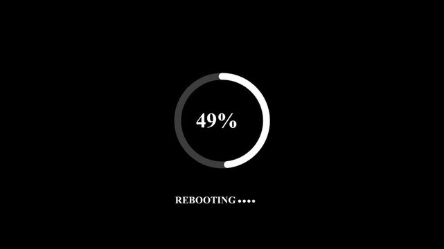 Digital system screen showing a circular progress bar at one hundred percent completion while the computer is currently rebooting
