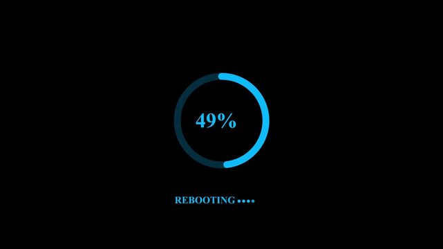 Digital system screen showing a circular progress bar at one hundred percent completion while the computer is currently rebooting
