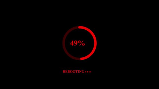 Digital system screen showing a circular progress bar at one hundred percent completion while the computer is currently rebooting
