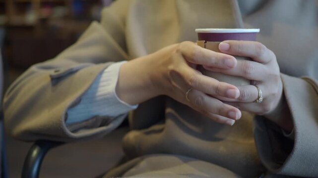 Holding a coffee cup in a cafe setting