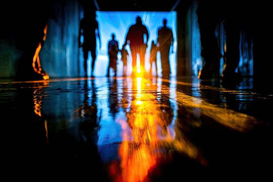 Silhouetted figures walk towards bright light in dark, reflective tunnel