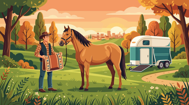 A cheerful cowboy gently prepares his majestic brown horse, holding a saddle blanket near a horse trailer in a serene, colorful autumn landscape.