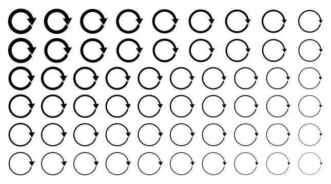 Grid of circular ring outlines showing progressive stroke width variations in monochrome for geometric design, printing calibration, and typography testing