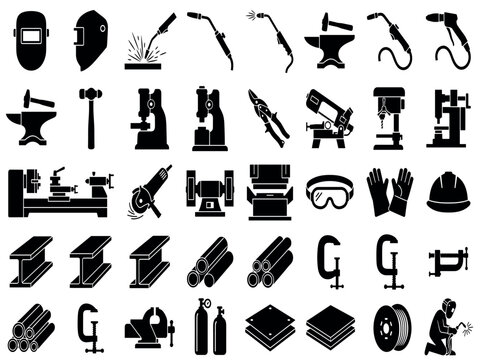 Welding and metal fabrication black vector icon set featuring manufacturing tools metalworking equipment machinery and workshop workshop symbols